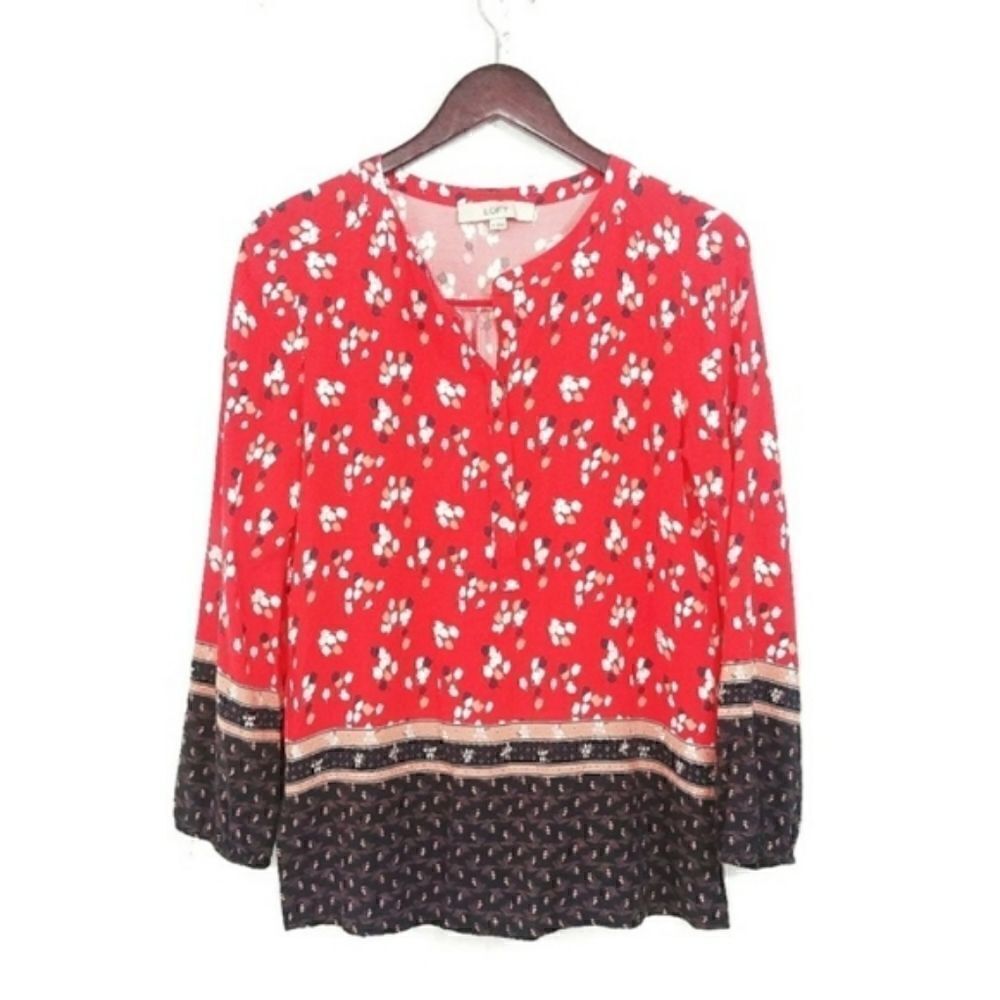 LOFT Floral Border Henley Top Red Medium Blouse Womens